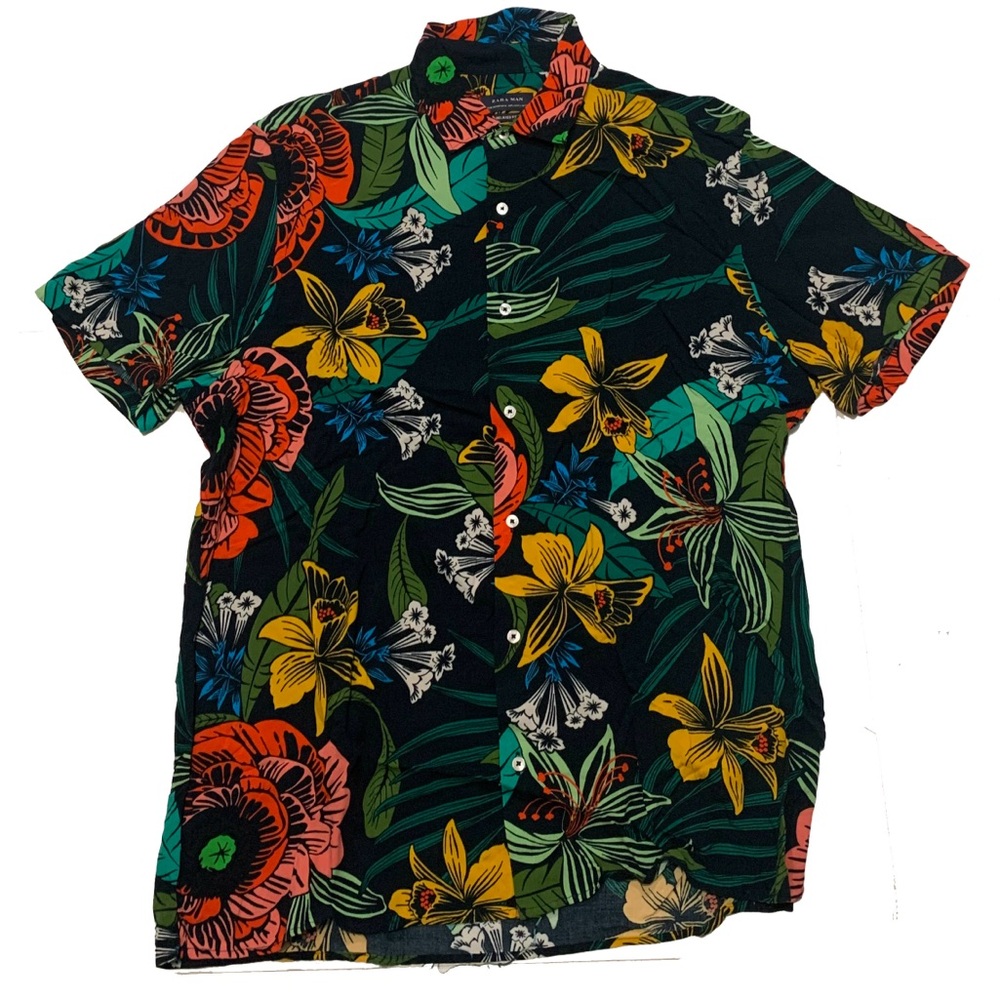 Zara Black Floral Short Sleeve Button-Down Shirt with Yellow, Green, Red Accents